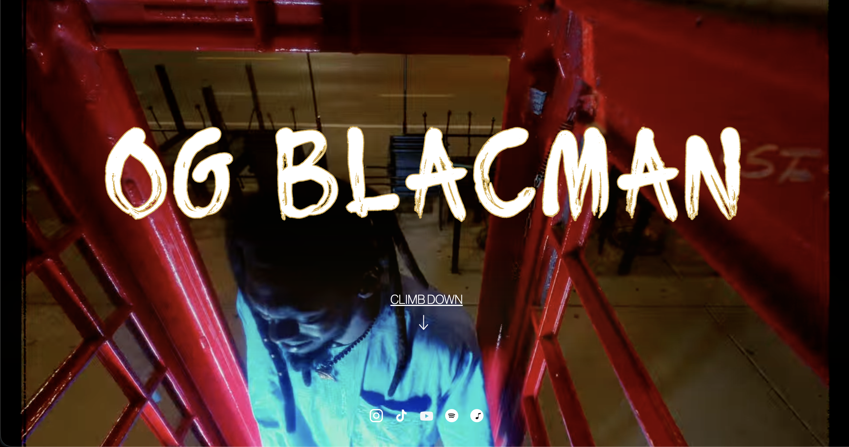 OG Blacman artist website hero with a red stairwell scene and oversized hand-drawn wordmark.