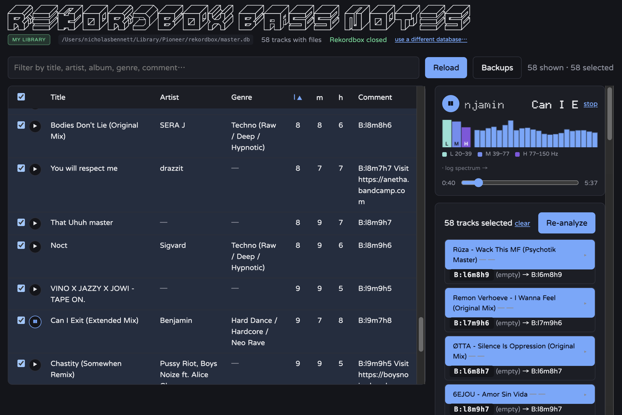 RekordBox Bass Notes desktop app showing a track library, bass scores, spectrum bars, and a batch re-analysis panel.